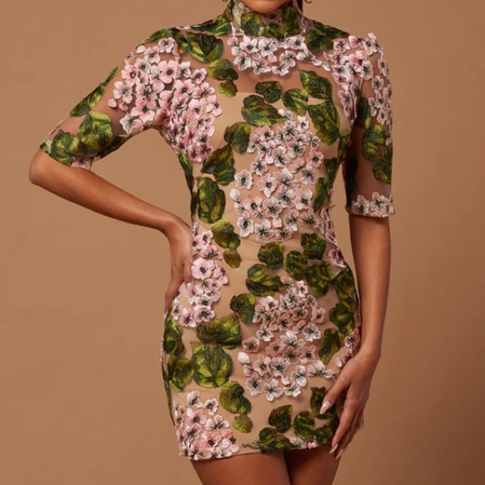 Pink Floral Mesh Mini Dress